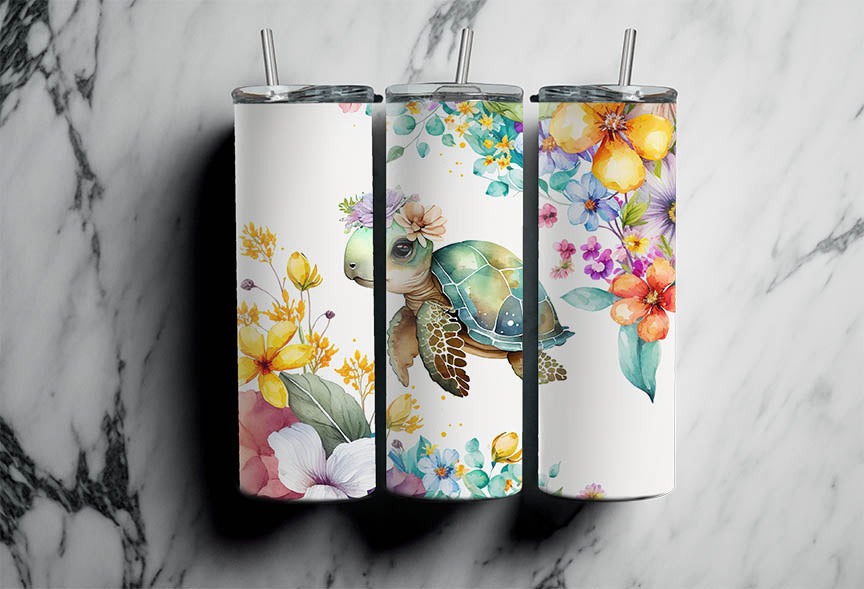 Watercolor Sea Turtle Baby Turtle and Flowers Design - - 20oz Skinny tumbler