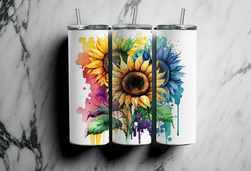 Neon Rainbow Watercolor Sunflower Design – 20oz Skinny tumbler