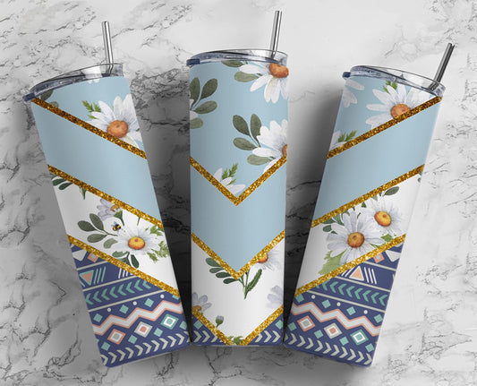 Floral Sunflower Abstract Blue Design - 20oz Skinny Tumbler